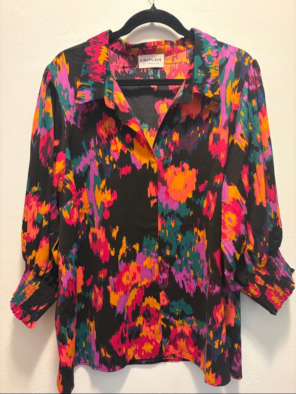 First Love Black Button-Front Blouse with Vibrant Floral Print